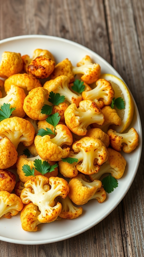 Roasted cauliflower florets on a plate, garnished with parsley and lemon, on a wooden table.